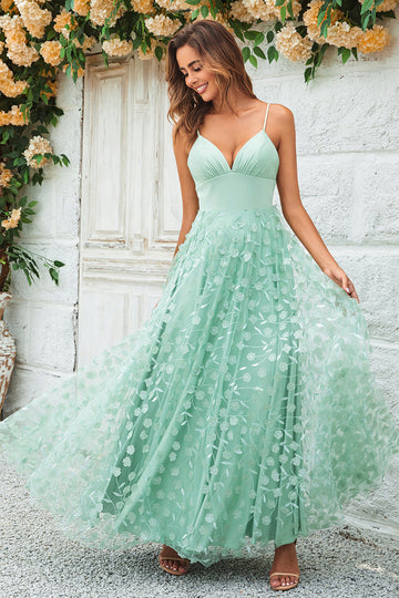 Green A-Line Spaghetti Straps Satin Floor Length Dress For Wedding Party